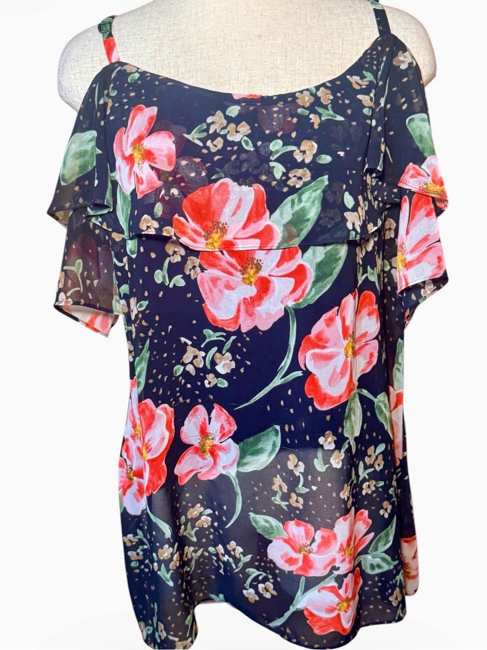 CAbi Navy Cold-Shoulder Blouse with Coral Floral Print